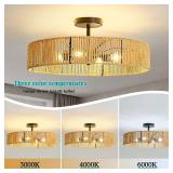 hesoge Boho Rattan Ceiling Light Rustic Black Semi-Flush Mount 24in Woven Chandelier