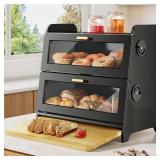SNTD Bread Box - Counter Bread Storage and Bamboo Cutting Board, Adjustable Vent Holes, Black