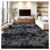 Shaggy Area Rugs, Tie-Dye Black/Gray Plush, Non-Slip, Nursery & Living Room Rug