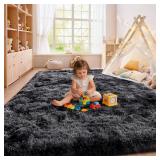 Shaggy Area Rugs, Tie-Dye Black/Gray Plush, Non-Slip, Nursery & Living Room Rug