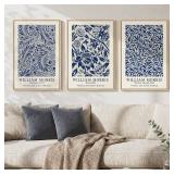 $120 Framed William Morris Wall Art Set of 3 - Vintage Blue Botanical Floral Canvas, 30x60