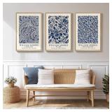$120 Framed William Morris Wall Art Set of 3 - Vintage Blue Botanical Floral Canvas, 30x60