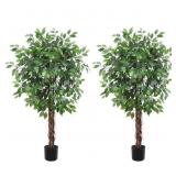 $163 Set of 2 5ft Artificial Ficus Trees, 756 Leaves, Black Nursery Pot, 3-Trunk Greenery