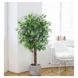 $163 Set of 2 5ft Artificial Ficus Trees, 756 Leaves, Black Nursery Pot, 3-Trunk Greenery