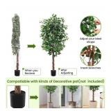 $163 Set of 2 5ft Artificial Ficus Trees, 756 Leaves, Black Nursery Pot, 3-Trunk Greenery
