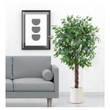 $163 Set of 2 5ft Artificial Ficus Trees, 756 Leaves, Black Nursery Pot, 3-Trunk Greenery