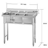 $1430 GARVEE Stainless Steel Utility Sink - Freestanding 3-Compartment Prep Sink, Without Faucet