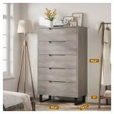 $170 Garvee 5-Drawer Wooden Tall Dresser, Anti-Tip Closet Organizer, Adjustable-Leg Chests, Grey