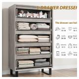 $170 Garvee 5-Drawer Wooden Tall Dresser, Anti-Tip Closet Organizer, Adjustable-Leg Chests, Grey
