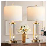 QiMH Gold Table Lamps (2) with Nightlight, 2 USB A+C, Clear Nightstand Lamps, White Shade