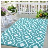 Garvee Outdoor 9x12 Waterproof Rugs - Light Blue & White Boho Patio Carpet for Camping