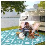 Garvee Outdoor 9x12 Waterproof Rugs - Light Blue & White Boho Patio Carpet for Camping
