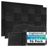 Knightsacoustic 96 Pack Foam Panels for Walls, 1x12x12 in, High Density Acoustic, Black