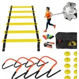 Soccer Training Equipment Set with 4 Adjustable Hurdles, 9.8 ft, 6-Rung Agility Speed Ladder