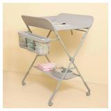 KARAOK Baby Changing Table with Wheels, 4-Level Height Adjustment, Storage Rack, Light Grey