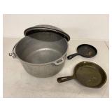Vintage Aluminum Dutch Oven Pot w/Lid & 2 Cast Iron Skillets