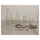 Lot of Vintage Kimax Pyrex Laboratory Glassware Beakers Flasks Tongs Thermometers