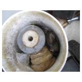 Wood box containing replacement saw...