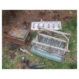 Antique metal box, receiver hitches...