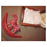 Painted wood doll cradle, porcelain...
