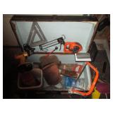 Vintage footlocker trunk, hand saws...