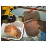 Vintage footlocker trunk, hand saws...