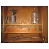 Antique hand torch, level and glass...