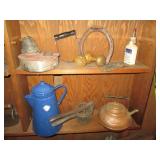 Antique copper teapot, Enamelware a...