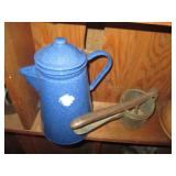 Antique copper teapot, Enamelware a...
