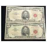 2 US RED SEAL 1963 $5 BILLS