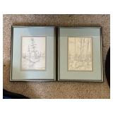 Pair Signed 1985 Framed Pencil Landscape Drawings Woodland Scenes
