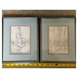 Pair Signed 1985 Framed Pencil Landscape Drawings Woodland Scenes