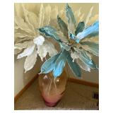 Large Faux Leaf Floor Arrangement in Pink Glass Vase Blue Cream Decor