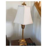 Pair Gold Tone Neoclassical Table Lamps w White Shades Good