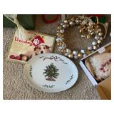 Mixed Christmas Decor Lot Bells Wreath Santa Sled Cards Platter