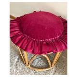 Vintage Rattan Footstool Ottoman Burgundy Velvet Cushion Round