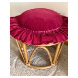 Vintage Rattan Footstool Ottoman Burgundy Velvet Cushion Round