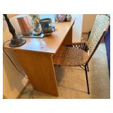 Small Oak-Look Writing Desk With Woven Chair 39x18x28 Good