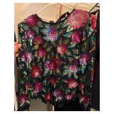 Lawrence Kazar Silk Sequin Floral Evening Top Blouse Size L Vintage