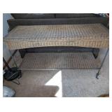 Wicker-Topped Two-Tier Metal Shelf