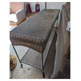Wicker-Topped Two-Tier Metal Shelf