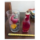 Decorative Glass Fruit Vase and Red Cruet Set (Lot of 2)
