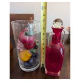 Decorative Glass Fruit Vase and Red Cruet Set (Lot of 2)