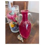 Decorative Glass Fruit Vase and Red Cruet Set (Lot of 2)