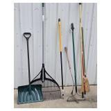 Ames, True Temper, and Other Lawn/Garden Tools Including Shovel, Leaf Rake, and Broom