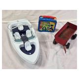 Plastic Toy Boat, Power Rangers Lunchbox, and Ertl Toy Wagon