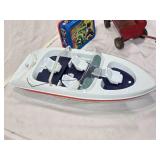 Plastic Toy Boat, Power Rangers Lunchbox, and Ertl Toy Wagon