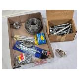 Assorted Hardware and Fasteners including Bolts, Wire, and Hinges