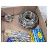 Assorted Hardware and Fasteners including Bolts, Wire, and Hinges