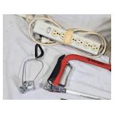 Assorted Tools and Accessories including Husky Hacksaw, Files, Speed Square, Extension Cords, and Power Strip